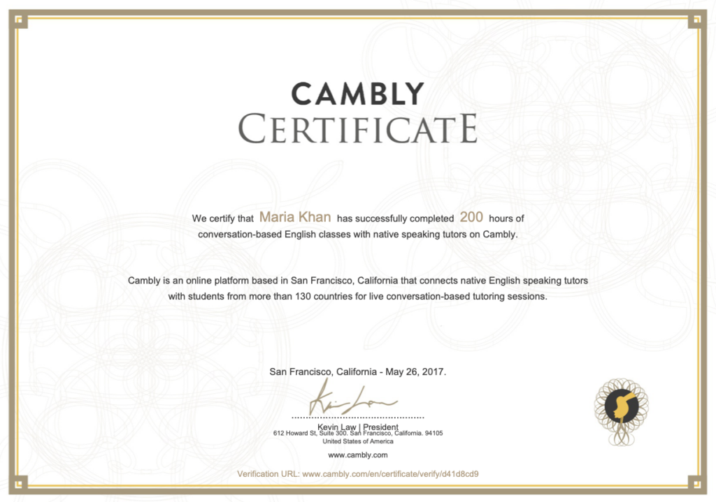 Cambly certificate sample
